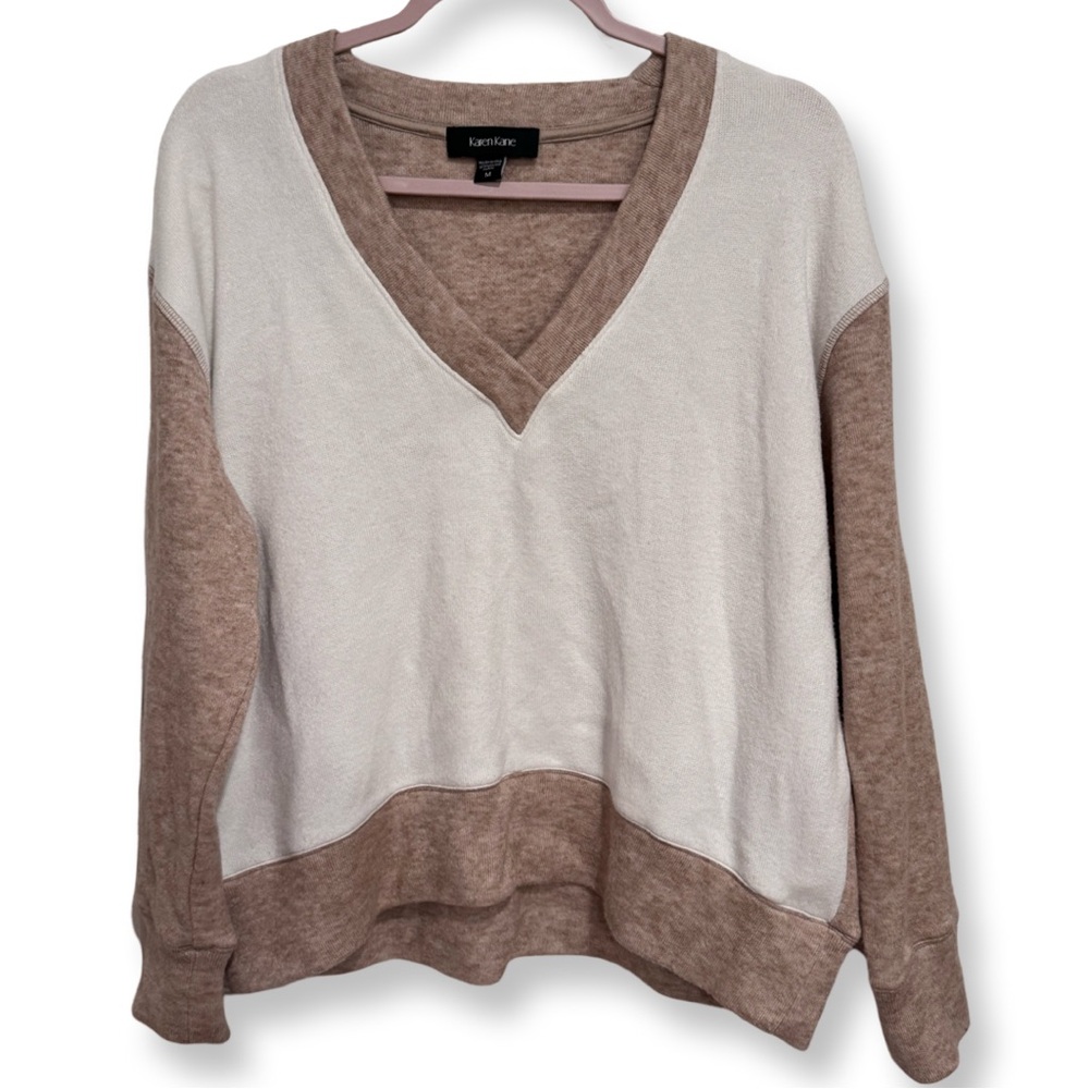 KAREN KANE V NECK SWEATER COLORBLOCK NEUTRALS LONG SLEEVE WARM COZY BUTTERY SOFT - Picture 2 of 7